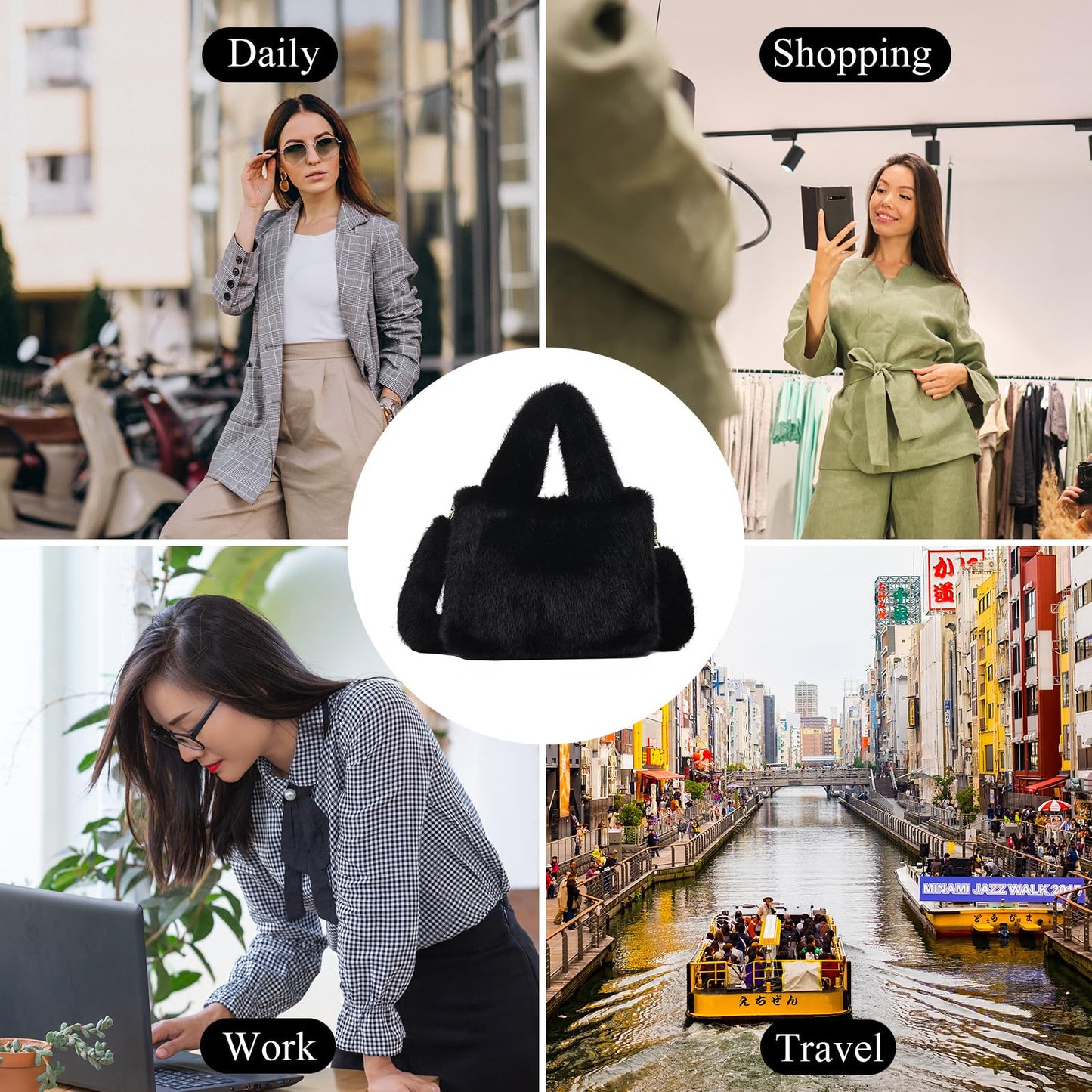 Extolove Fluffy Tote Bag Mini Faux Fur Purses for Women Winter Fuzzy Tote Soft Furry Crossbody Handbag Plush Bags (A Black)