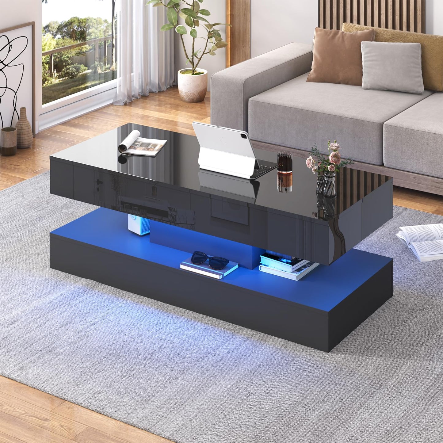 Uspeedy 47.3IN High Glossy LED Coffee Table,Modern Coffee Tables for Living Room,Living Rooms Tables,Large Living Room Furniture,APP LED Lights,Black/White Coffee Table for Livings Room (Black)
