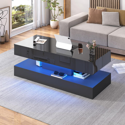 Uspeedy 47.3IN High Glossy LED Coffee Table,Modern Coffee Tables for Living Room,Living Rooms Tables,Large Living Room Furniture,APP LED Lights,Black/White Coffee Table for Livings Room (Black)