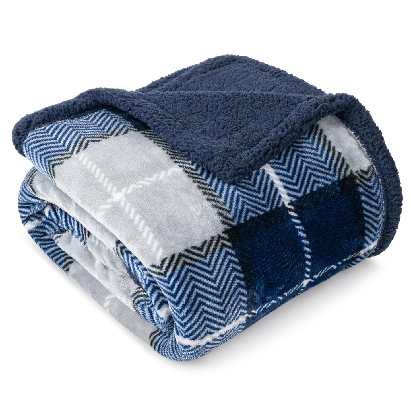 Pavilia Blue Navy Plaid Sherpa Throw Blanket for Couch, Plush Flannel Fleece, Soft Fuzzy Cabin for Sofa Bed, Warm Cozy Winter Gift, 50x60
