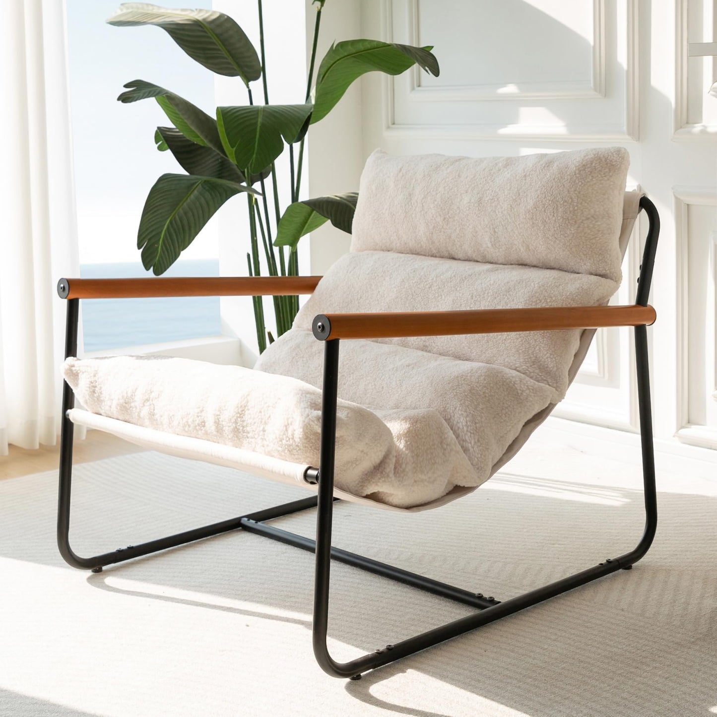 MAXYOYO Sherpa Accent Chair, Boucle Arm Chair Living Room Chair, Reading Accent Chair, Mid Century Modern Bedroom Chair,Teddy Armchair Wooden Arms Metal Frame