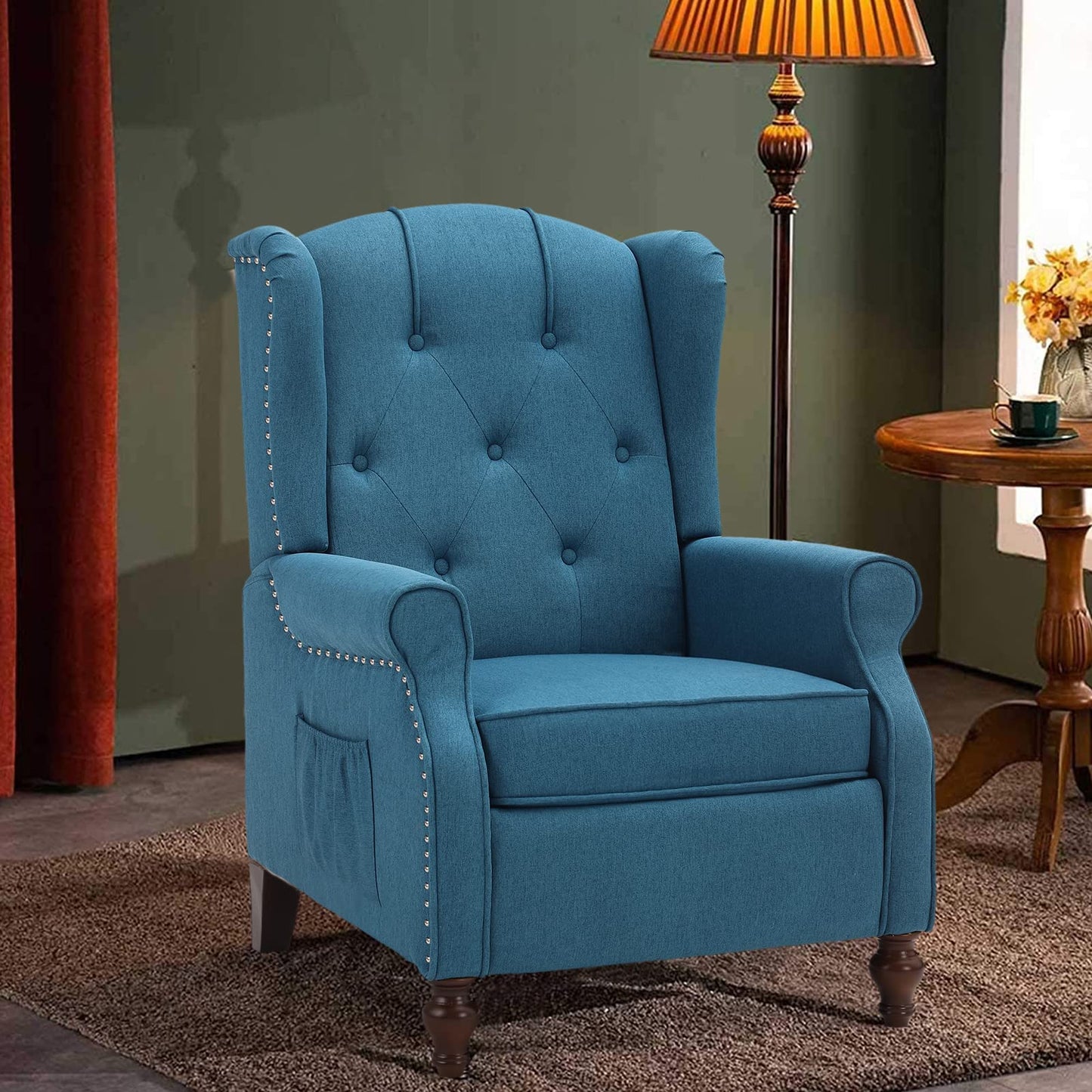 B BAIJIAWEI Wingback Recliner - Tufted Arm Chair With Massage and Heat - Fabric Push Back With Remote Control, Heating Function, Adjustable Backrest (Blue)