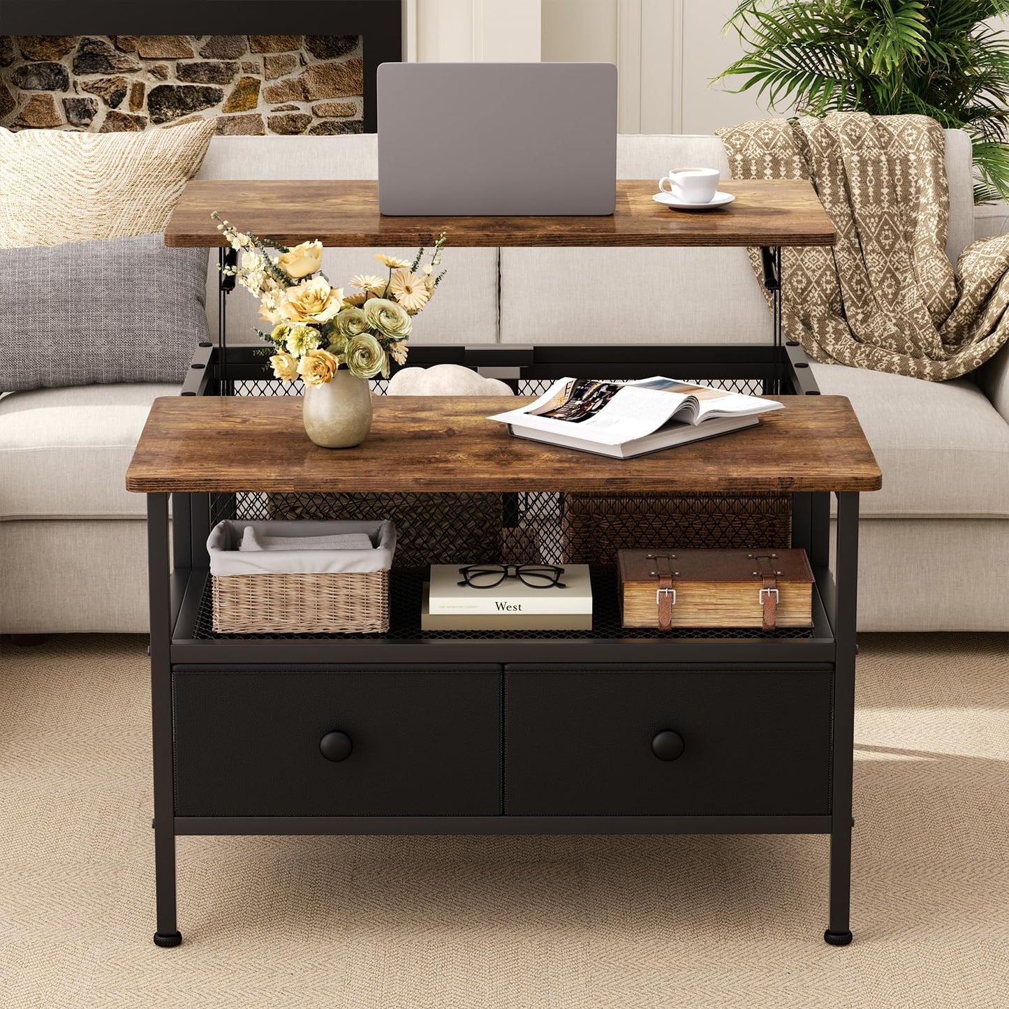 FABATO Lift Top Coffee Table, Square Coffee Table Metal Wood, Farmhouse Lift Up Coffee Tables Cocktail Table with Wire Mesh Barn Door and Storage, Steel Frame, Small Tea Table for Living Room, Black