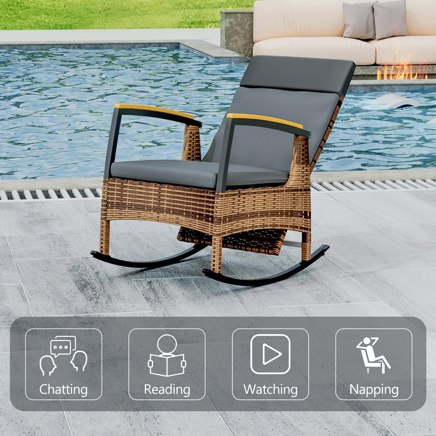 MAXXPRIME Outdoor Recliner Chair Set, Adjustable Patio Recliner with C Shaped Glass Top Side Table, Wicker Reclining Lounge Chairs, Rocking Chairs with Removable Cushions for Pool,Deck(Dark Gray)