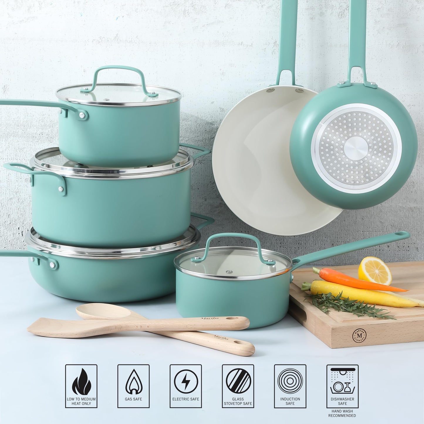 Martha Stewart Emmeline Premium Nonstick PFA Free Ceramic Interior 12 Piece Heavy Gauge Enamel Aluminum Pots and Pans Cookware Set - Teal