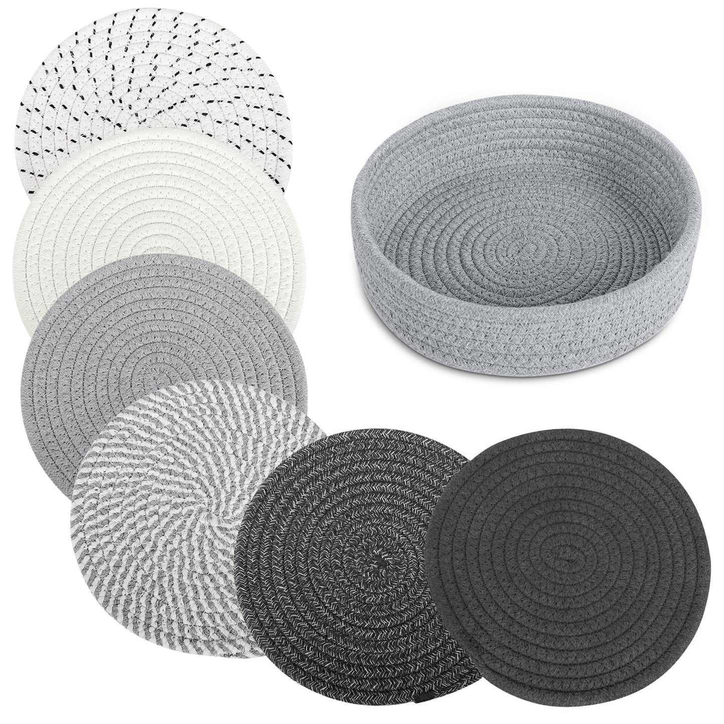 8" Trivets for Hot Dishes, Hot pots and Pans,6 Heat Resistant Hot Pads and Storage Basket 1 Pack,Pot Holders for Kitchen, Hot Plate Mats for Kitchen Countertops