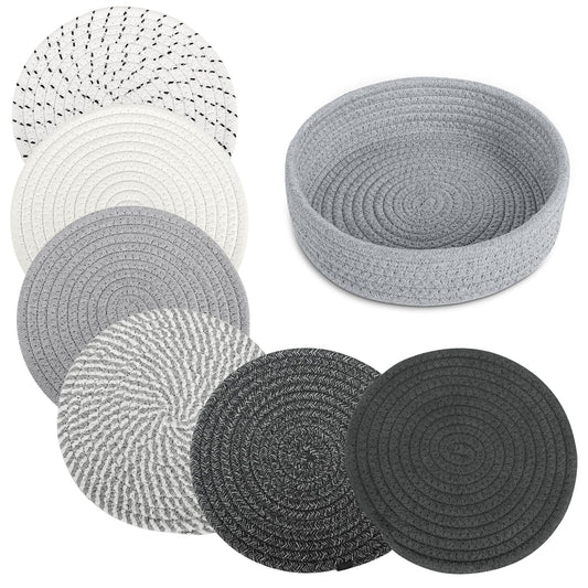 8" Trivets for Hot Dishes, Hot pots and Pans,6 Heat Resistant Hot Pads and Storage Basket 1 Pack,Pot Holders for Kitchen, Hot Plate Mats for Kitchen Countertops