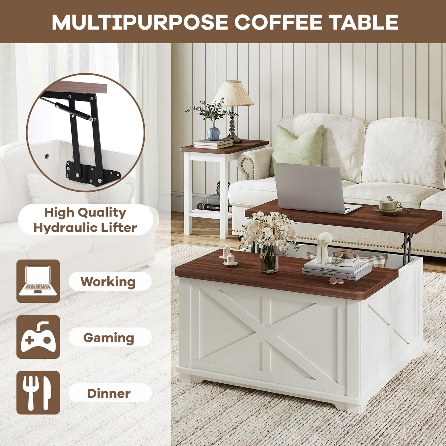 Airynee Farmhouse Coffee Table with Hydraulic Lifter, Square Coffee Table with Large Hidden Storage Compartment for Living Room, Wooden Coffee Tables with Brown Flip-Top Lids for Home Office, White