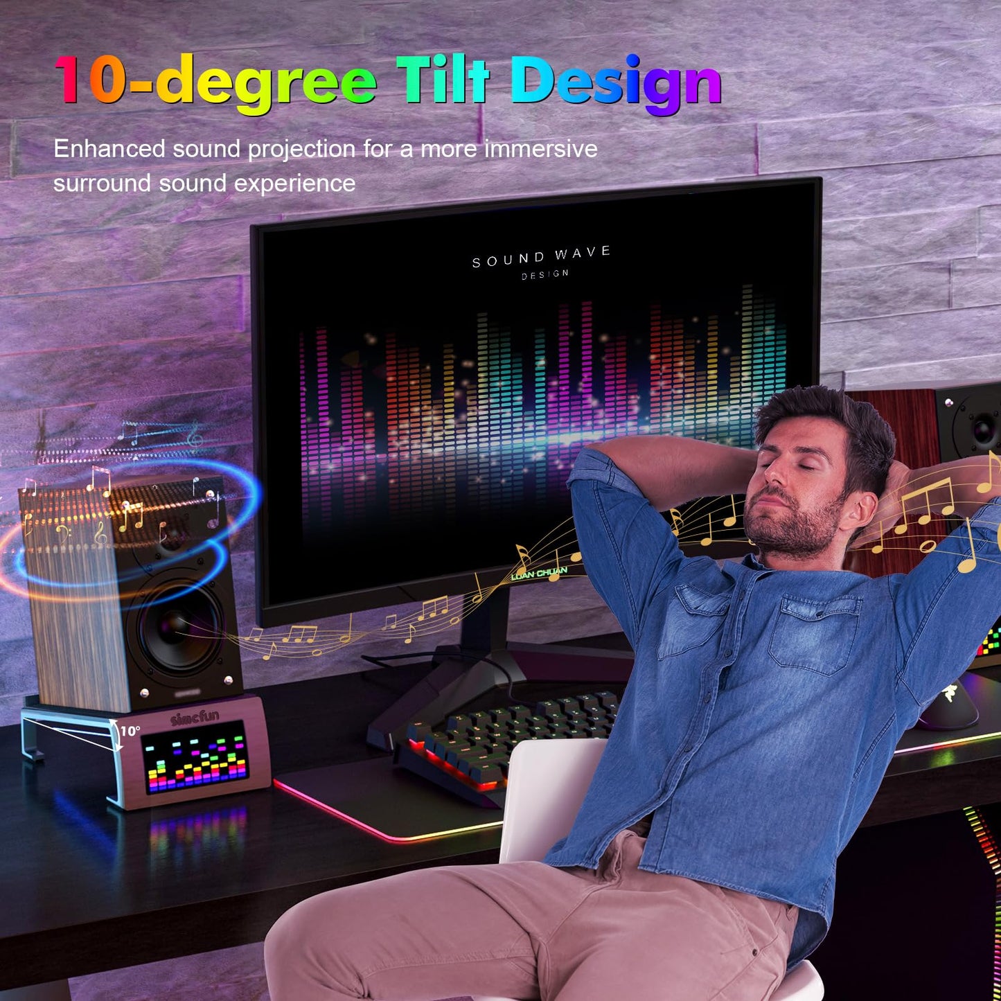 RhythmDance Desktop RGB Tilt Speaker Stands Surround Sound – Dynamic LED Light Display with Sound Sensor, Adjustable Light Modes w/c Dual Charging Ports – 1 Pair Bookshelf Laptop Desk Audio Stands