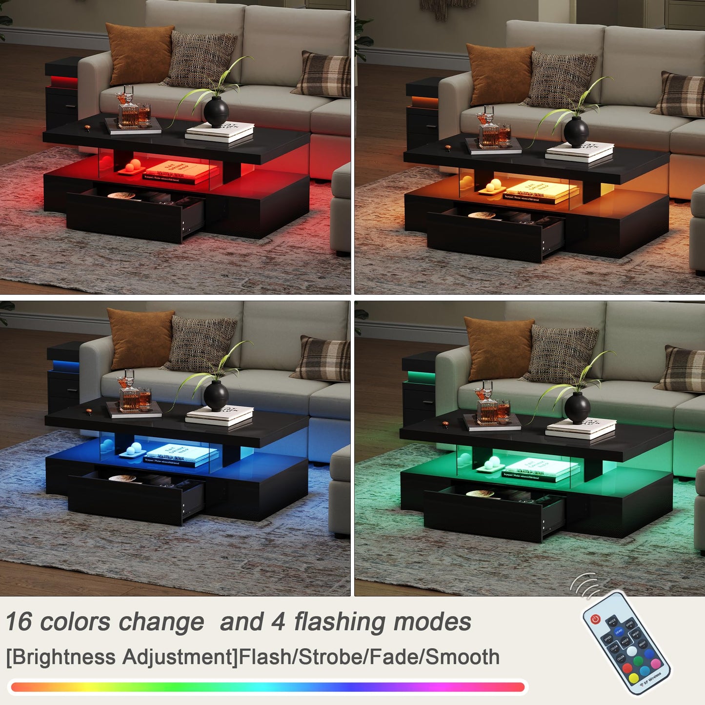 ChooChoo Modern LED Coffee Table, High Glossy Coffee Table with Drawer, Black Coffee Table with Storage for Living Room, Bedroom, CT2305-BK