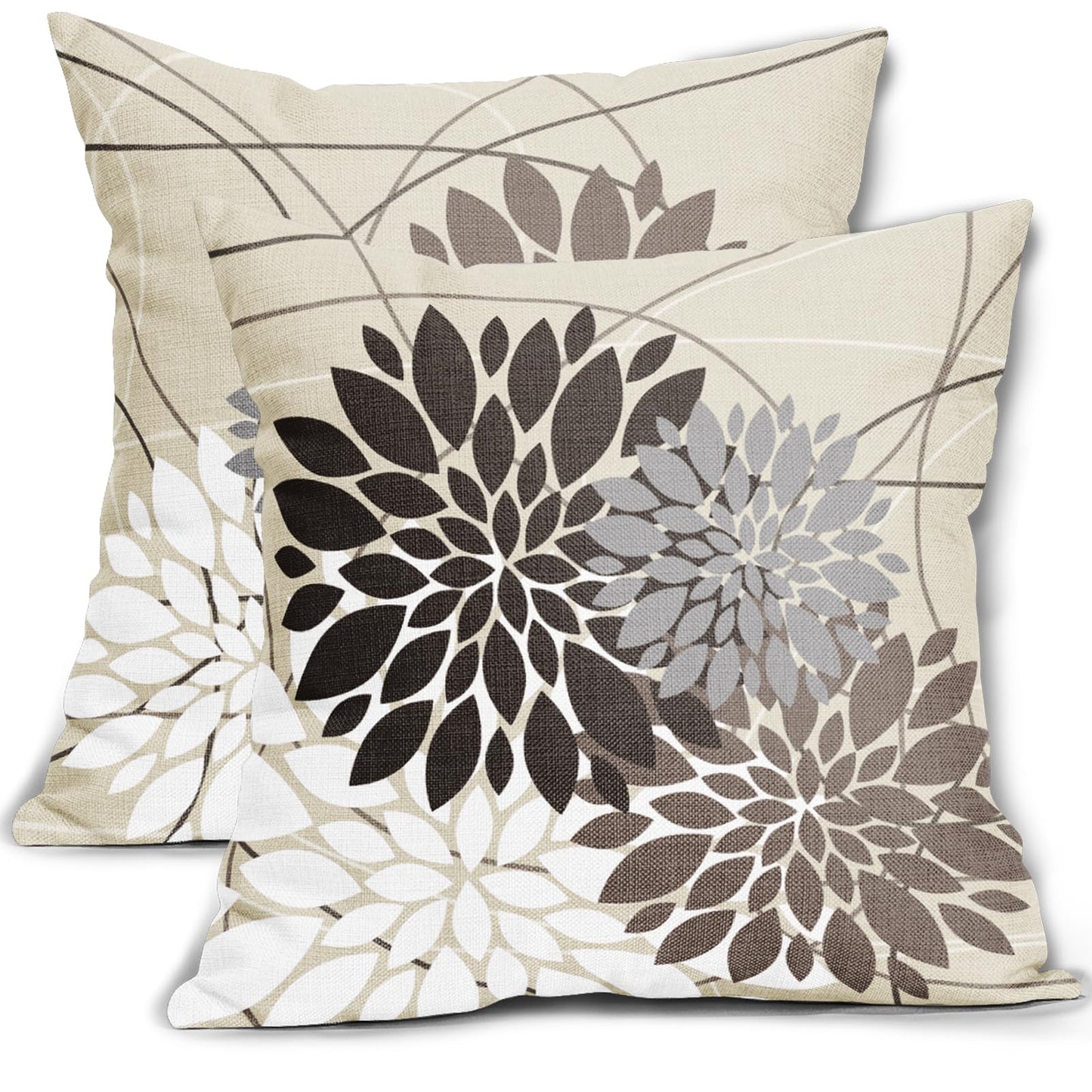 Dark Brown Flower Pillow Covers 18x18 Grey Gray White Dahlia Floral Spring Decorative Throw Pillows Farmhouse Outdoor Seasonal Decor for Home Sofa Bed Couch Modern Square Cushion Cases, Set of 2