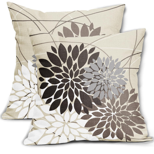 Dark Brown Flower Pillow Covers 18x18 Grey Gray White Dahlia Floral Spring Decorative Throw Pillows Farmhouse Outdoor Seasonal Decor for Home Sofa Bed Couch Modern Square Cushion Cases, Set of 2