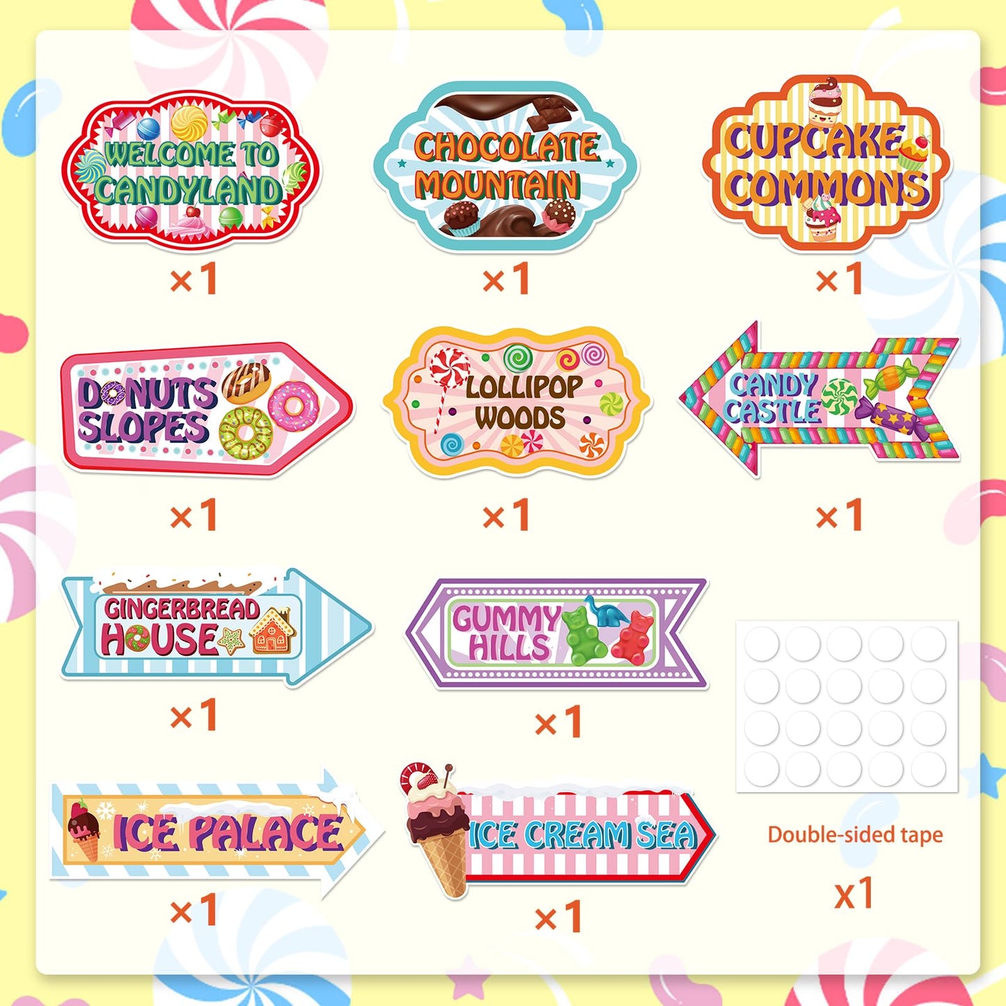 KALEFO Candyland Party Decorations Candy Land Sign Welcome Birthday Decor Directional Street Arrow Signs for Kids Sweet Theme Supplies(10 Pcs)