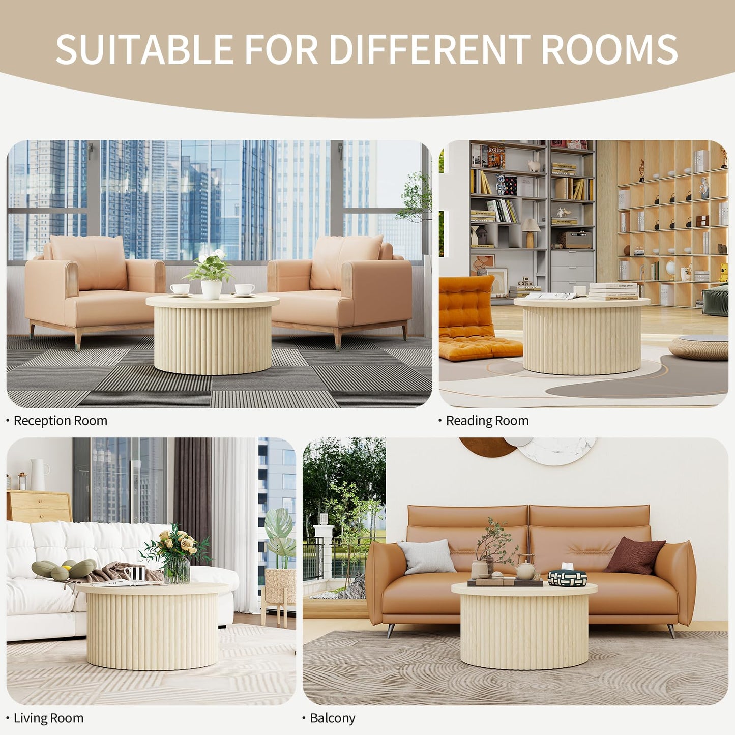 Round Coffee Table with Storage, Wood Modern Fluted Drum Coffee Table with Flip Top, 31.5" Farmhouse Center Table for Living Room, Reception Room, Entertainment Room, Courtyard (1, Oak)