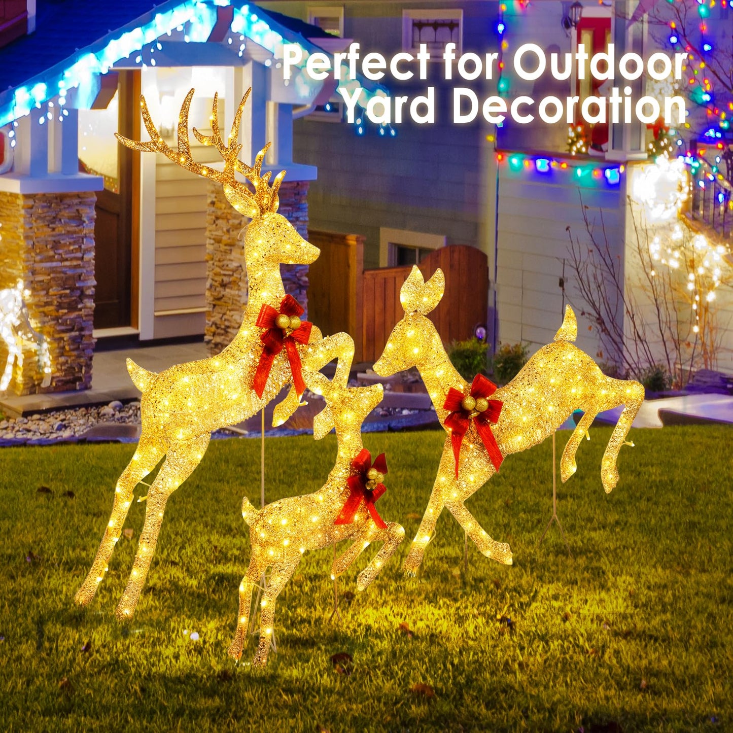 NALONE 4.7 FT Large 3 Pieces Lighted Reindeer Christmas Decoration with 210 Warm White LED Lights, Pre-lit 3D Christmas Deer Family Set Decor Outdoor Yard with Stakes, Bow Ties, Mat