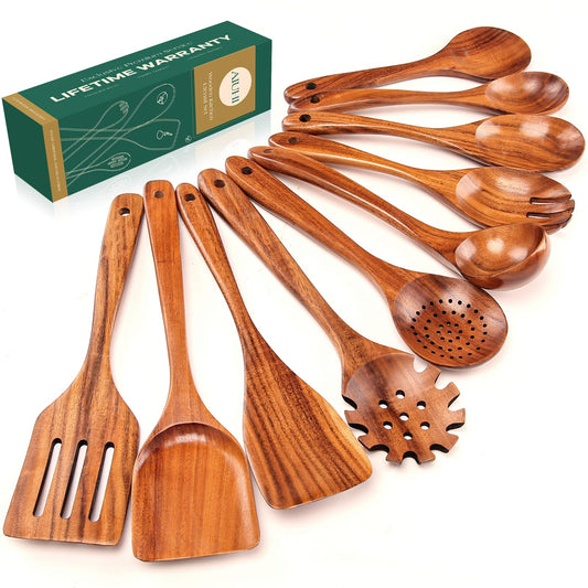 AIUHI Wooden Kitchen Utensils Set, No Scratch Wood Spatula and Spoon Set, Teak Wood Cooking Utensils Set for Kitchen Essential Tools 10 Pieces