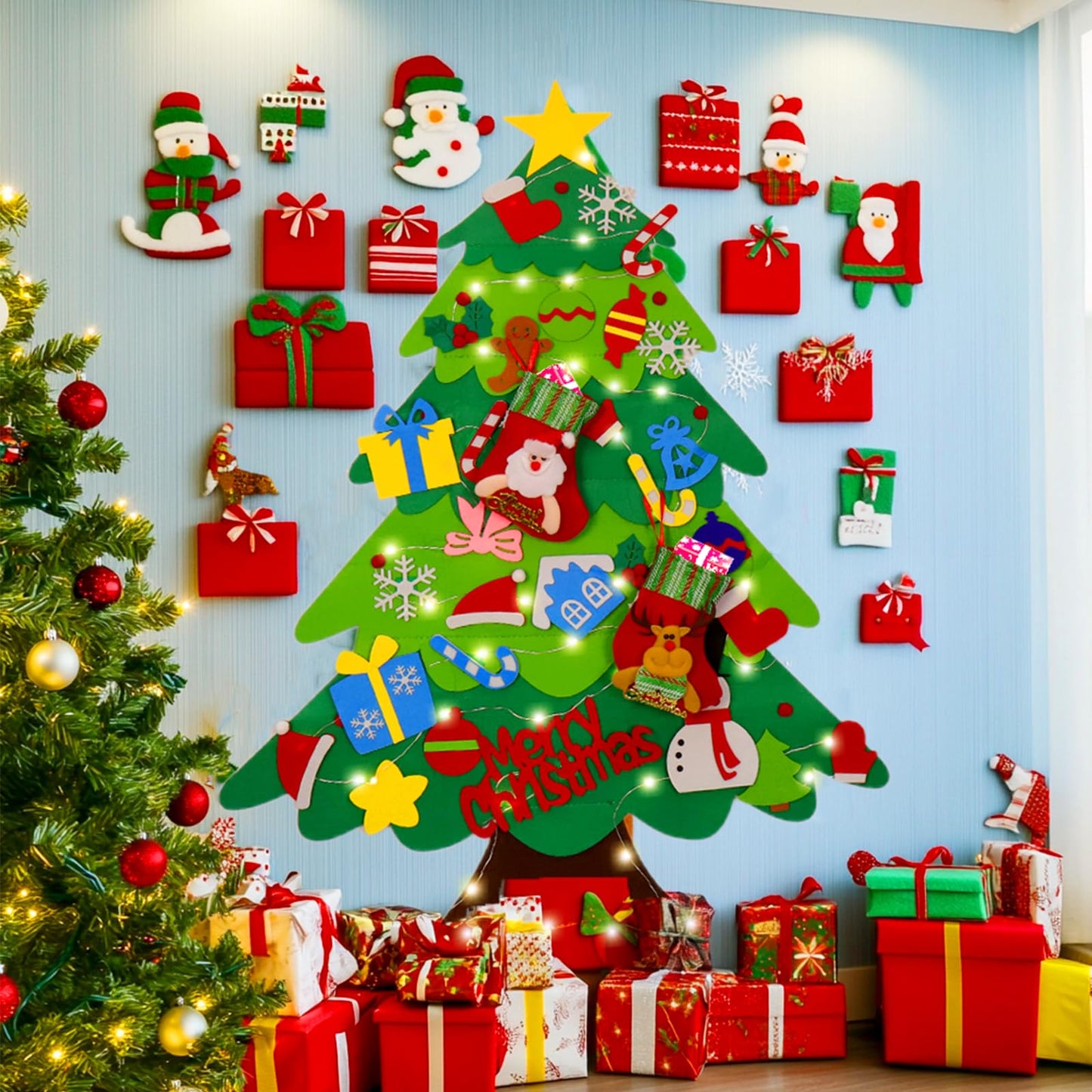 BABORUI Felt Christmas Tree for Kids with Christmas Stockings, Xmas Wall Hanging Ornaments Decorations with String Light for Toddlers, for Kids