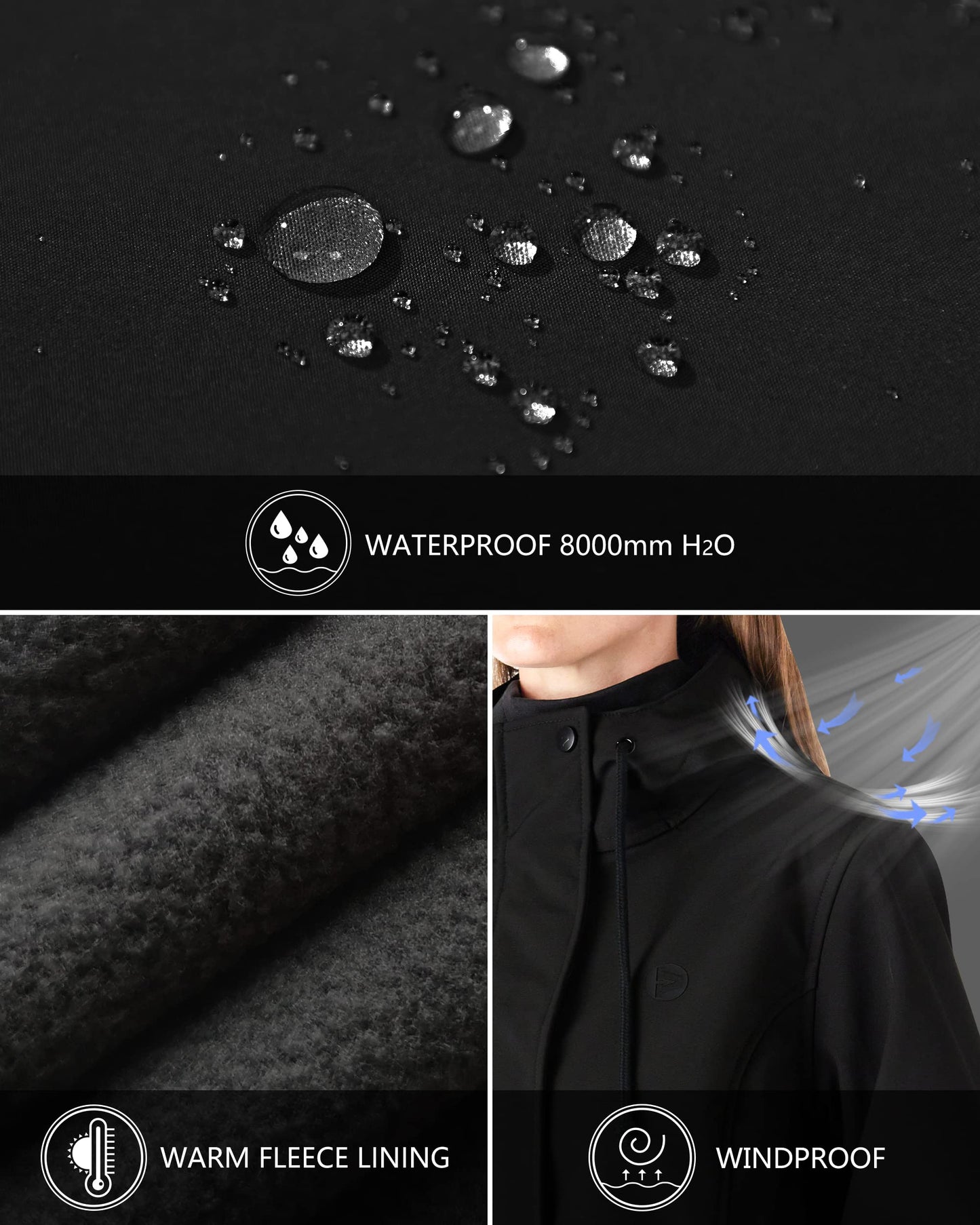 Outdoor Ventures Women's Lightweight Waterproof Fleece Lined Hooded Softshell Rain Jacket, Warm Windbreaker Long Coat