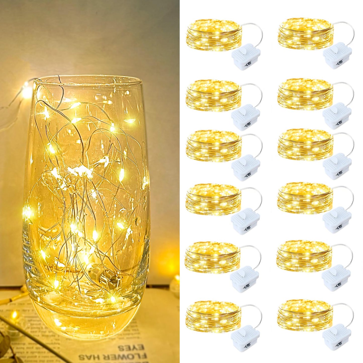 12 Pack Led Fairy Lights - Warm White, Battery Operated LED Silver Wire String Lights, 7FT 20LED Mini Firefly Starry String Lights Waterproof Led Twinkle Lights for Mason Jar DIY Christmas Decor
