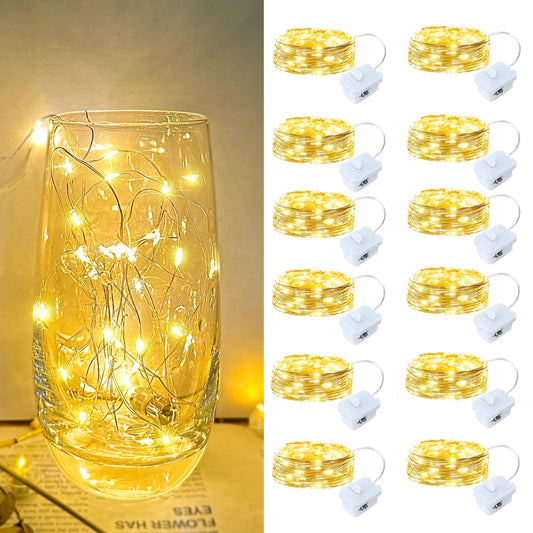 12 Pack Led Fairy Lights - Warm White, Battery Operated LED Silver Wire String Lights, 7FT 20LED Mini Firefly Starry String Lights Waterproof Led Twinkle Lights for Mason Jar DIY Christmas Decor