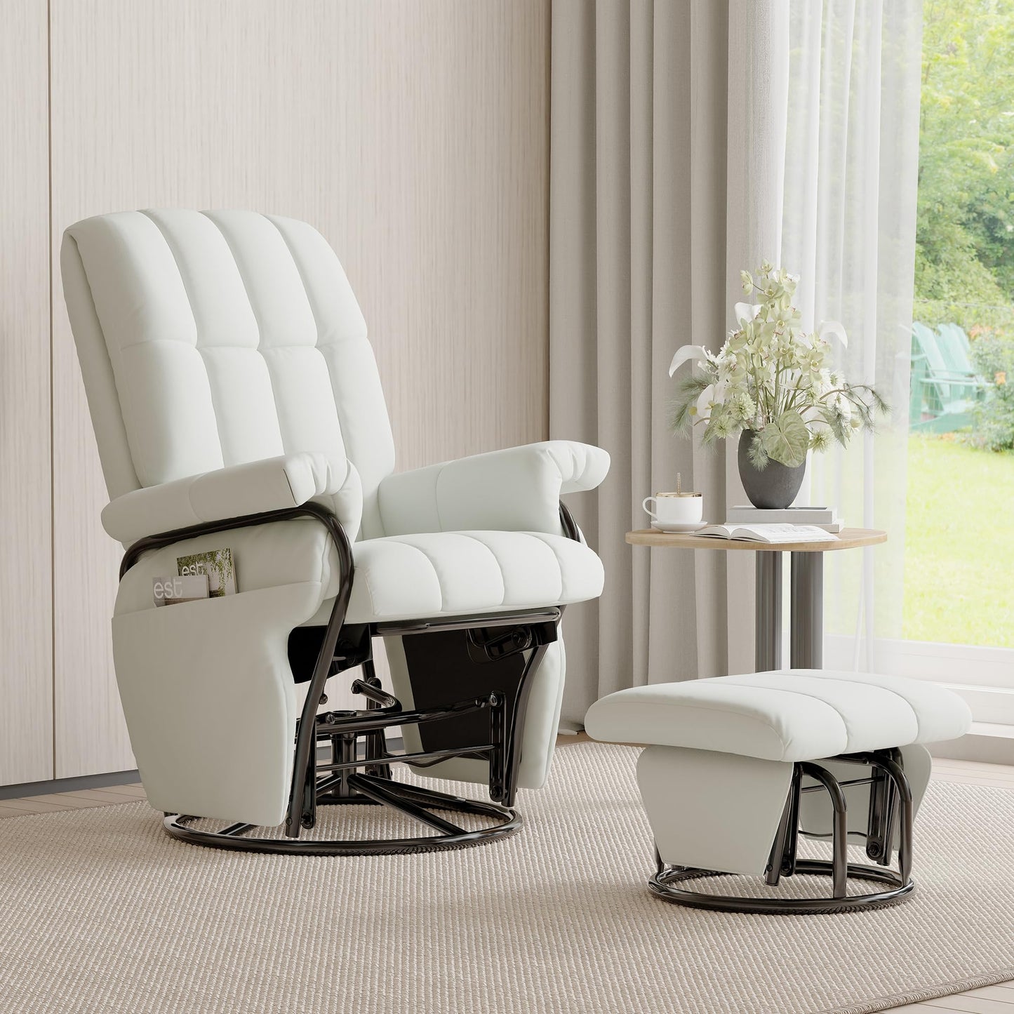 JIASTING 360° Swivel Leather Recliner Chair with Ottoman & Double Side Pockets, Nursing Glider Rocking Recliner Chair, Gliding Chairs for Nursery, Living Room, Office, Bedroom, Metal Frame (White)