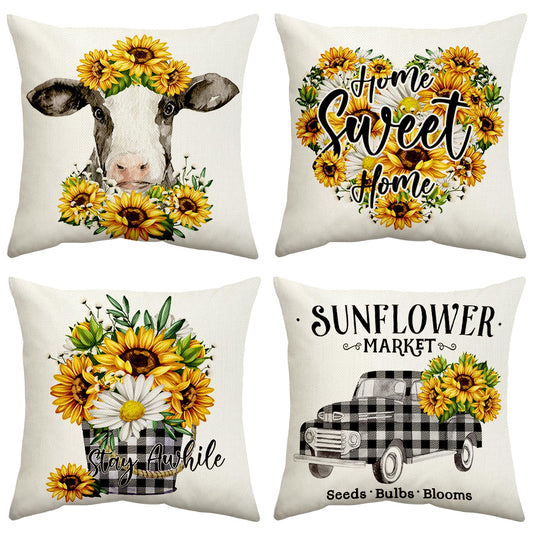 Hofomca Spring Summer Sunflower Throw Pillow Covers 18x18 Set of 4,Yellow Flowers Cushion Case Farmhouse Black and White Cow Buffalo Plaid Pattern Home Decorative for Couch Sofa Outdoor Living Room