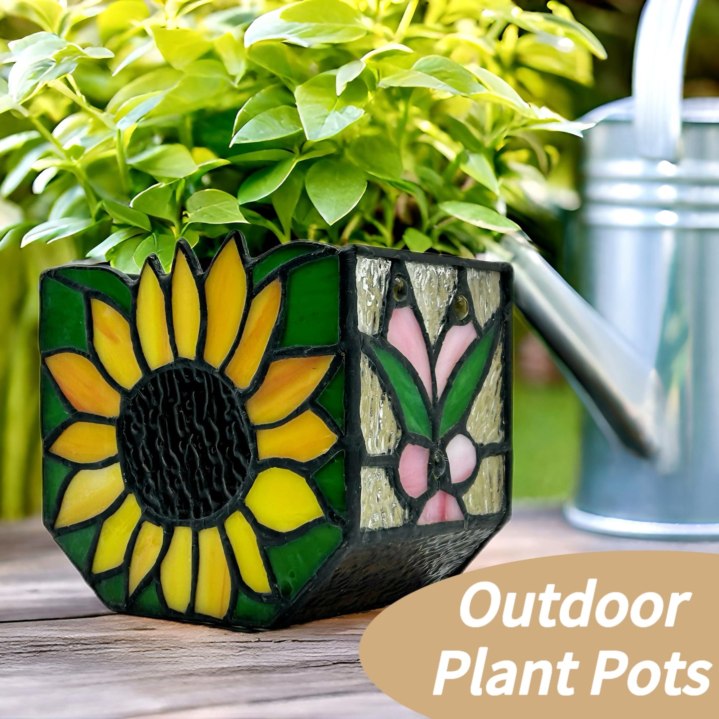 Entlityful Stained Glass Sunflower Garden Planters,Indoor Plant Pots with Drainage,Unique Plant Pots for Dried Flowers,Sunflower Gifts,4.6 x 3 x 5.15 in