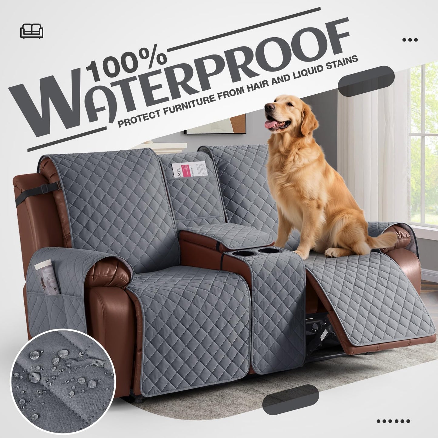 KinCam 100% Waterproof Recliner Loveseat Cover with Console, Non-Slip Reclining Couch Covers for 2 Seat, Recliner Sofa Cover Furniture Protector with Elastic Straps for Kids, Pets, Dark Gray
