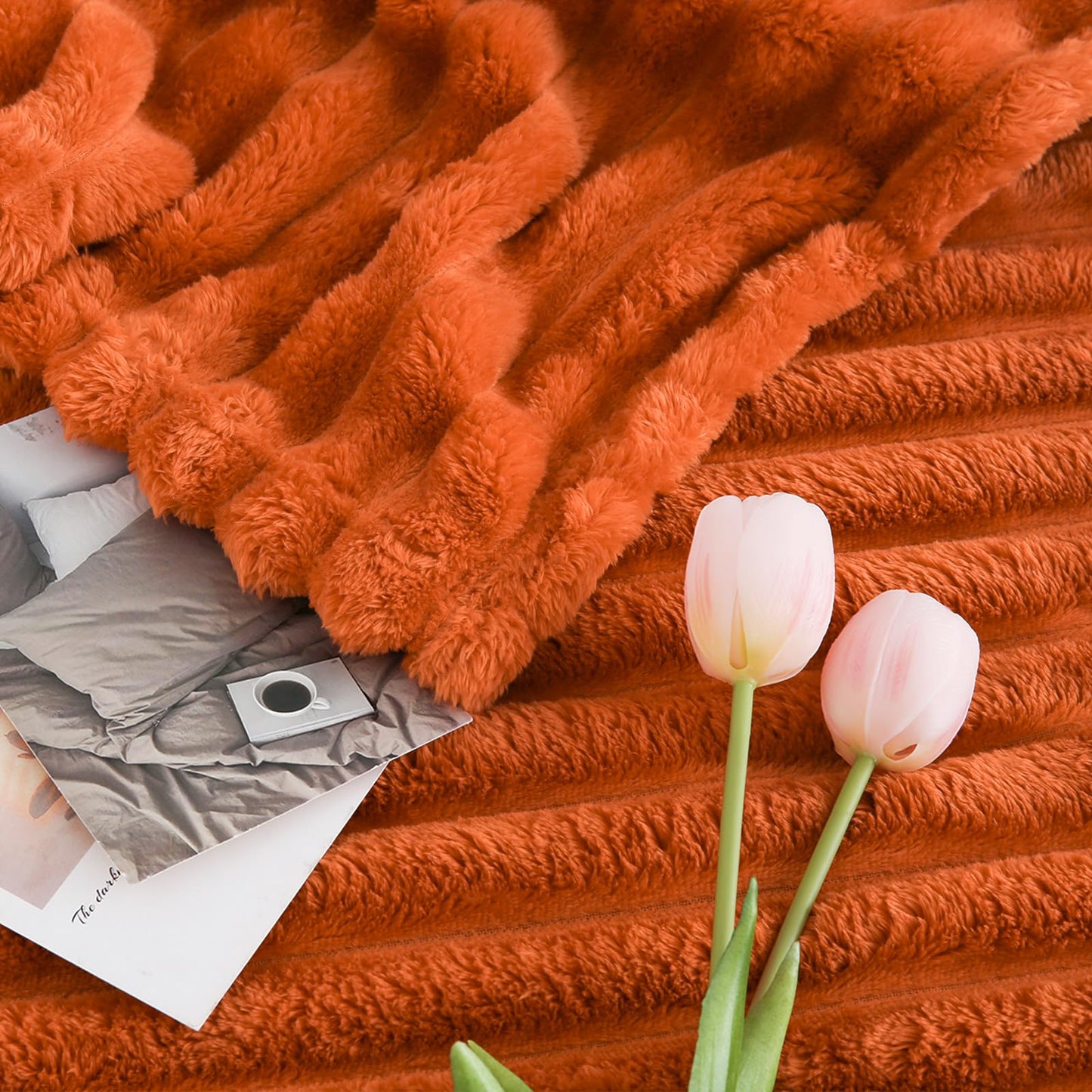 Excervent Solid Striped Flannel Fleece Blanket (50x70 inches, Burnt Orange) Cozy Throw Blankets for Couch Sofa and Bed, Super Soft Luxurious Warm Blankets for Household Living Room Bedroom