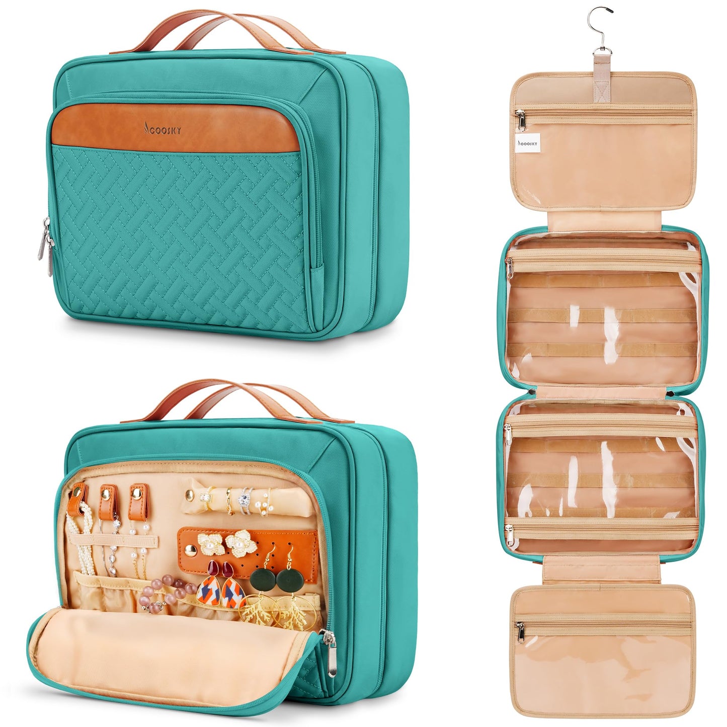 Travel Hanging Toiletry Bag for Women, Cruise Ship Essentials, with Jewelry Organizer, Medium Makeup Dopp Kit, Waterproof Cosmetic Bags, Toiletries Kit Set Accessories with Trolley Belt, Black