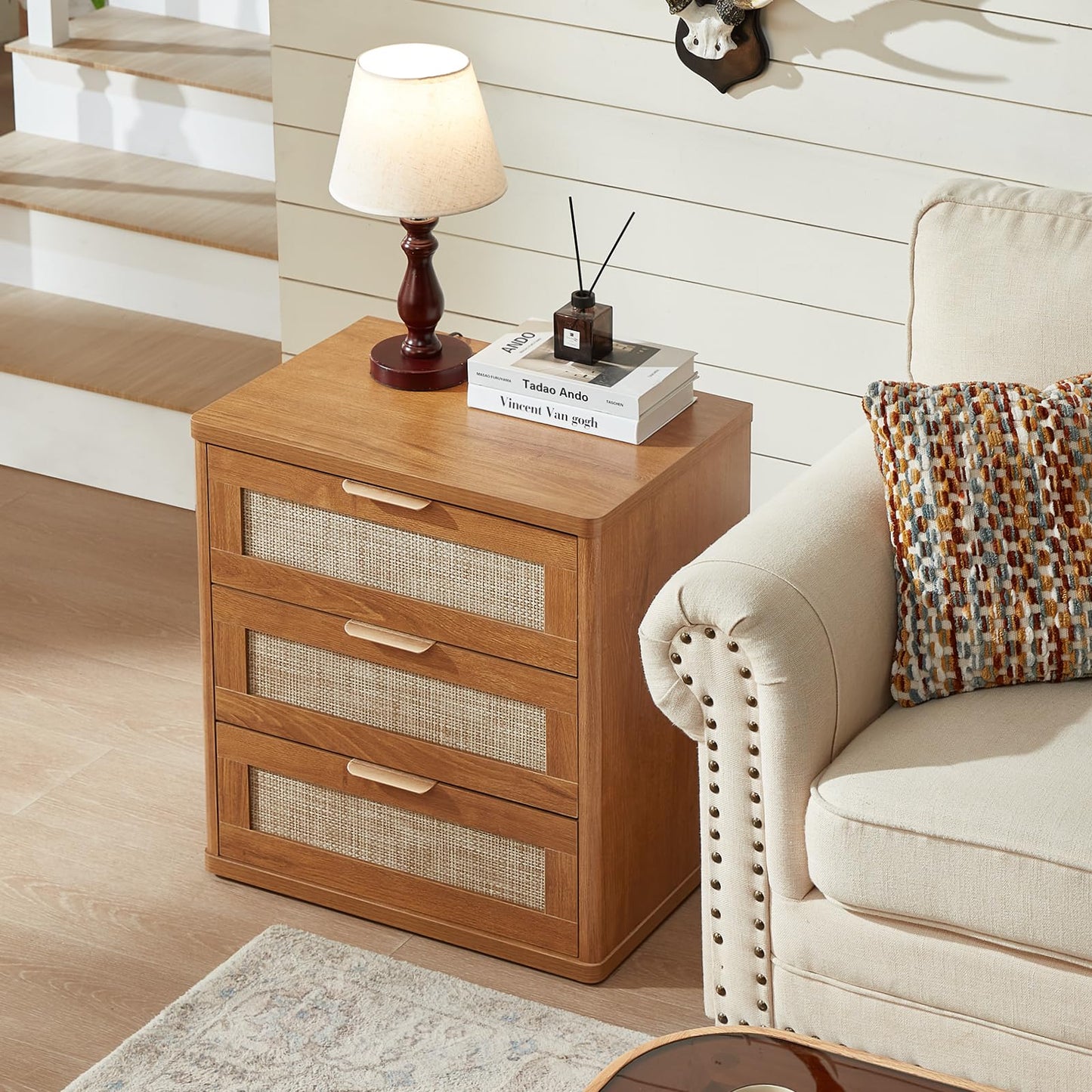 LEYAOYAO Rattan Night Stand with Drawers, 23" Large 3 Drawer Boho Nightstand, Natural Wood Bedside Table Storage Cabinet, Bed Side End Tables Dresser for Bedroom, Living Room, Hallway, Closet