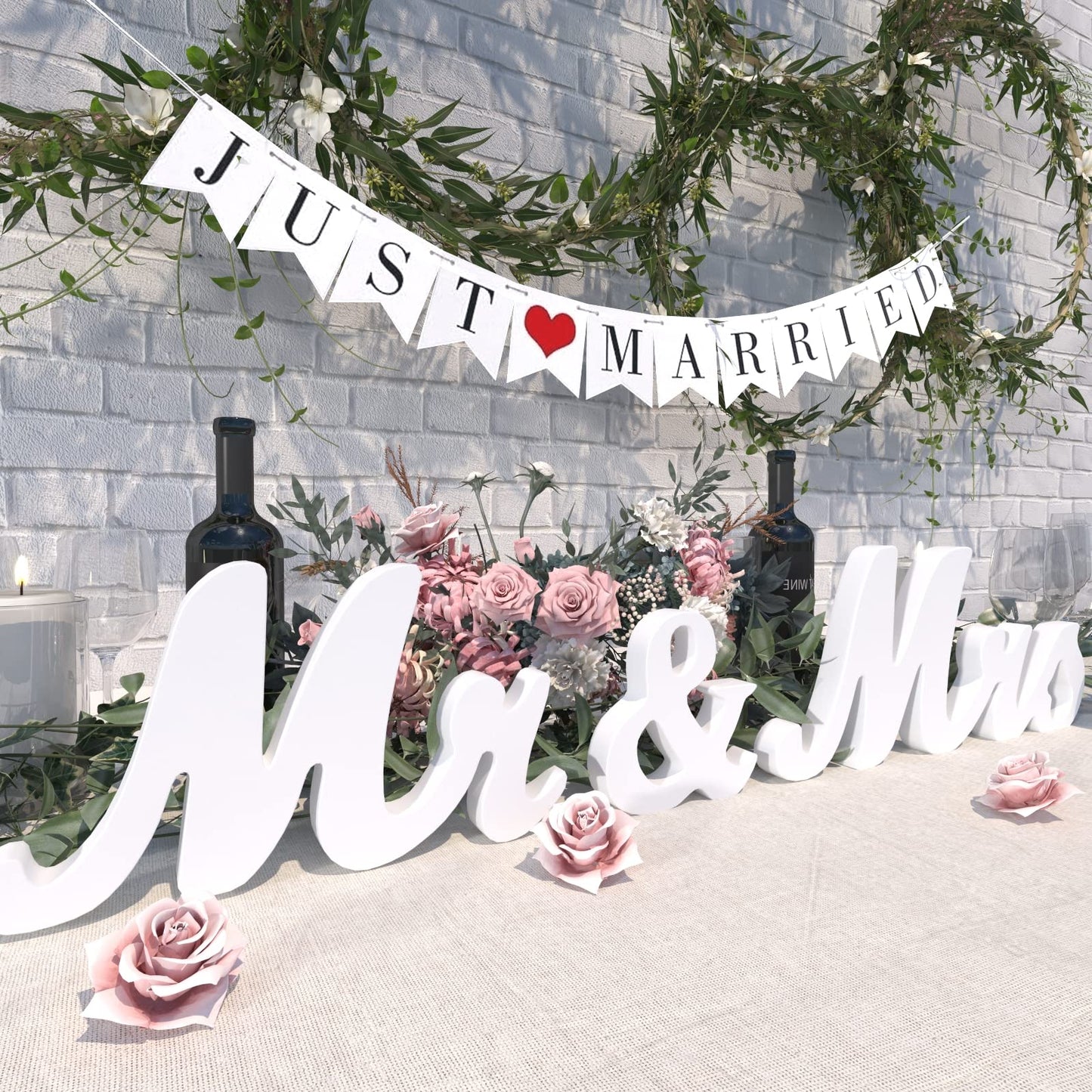 Large White Wooden Mr & Mrs Sign with Just Married Banner White Sweetheart Table Decorations & Photo Props for Anniversary Parties