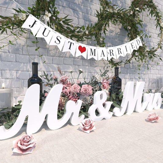 Large White Wooden Mr & Mrs Sign with Just Married Banner White Sweetheart Table Decorations & Photo Props for Anniversary Parties