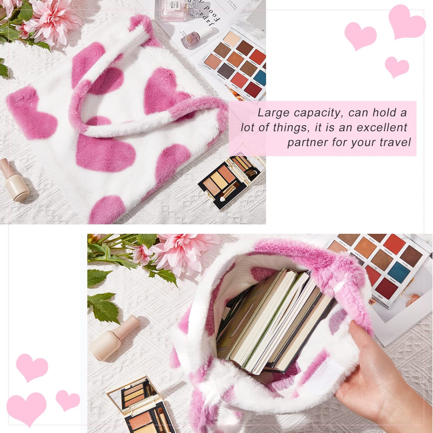 Fluffy Shoulder Tote Bag for Women White Furry Purse Handbag for Spring Easter Gifts(Pink)