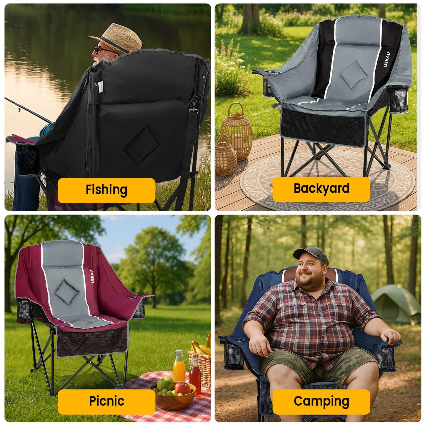 USKAU Oversized Camping Chair for Large Adults Heavy Duty 400 lbs Capacity, Comfortable Padded Folding Lawn Chair with Back & Headrest Support and Cup Holder, Portable Outdoor Chair with Carry Bag