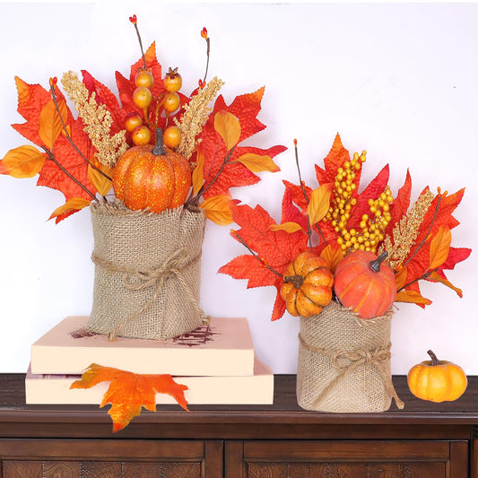 [ 2 Styles ] 2 Pack Fall Decor 10 Inch Tabletop Fall Tree, Maple Tree with Pumpkins Maple Leafed Berried Wheat Burlap Base Thanksgiving Fall Decorations for Home Table Centerpieces Halloween Decor