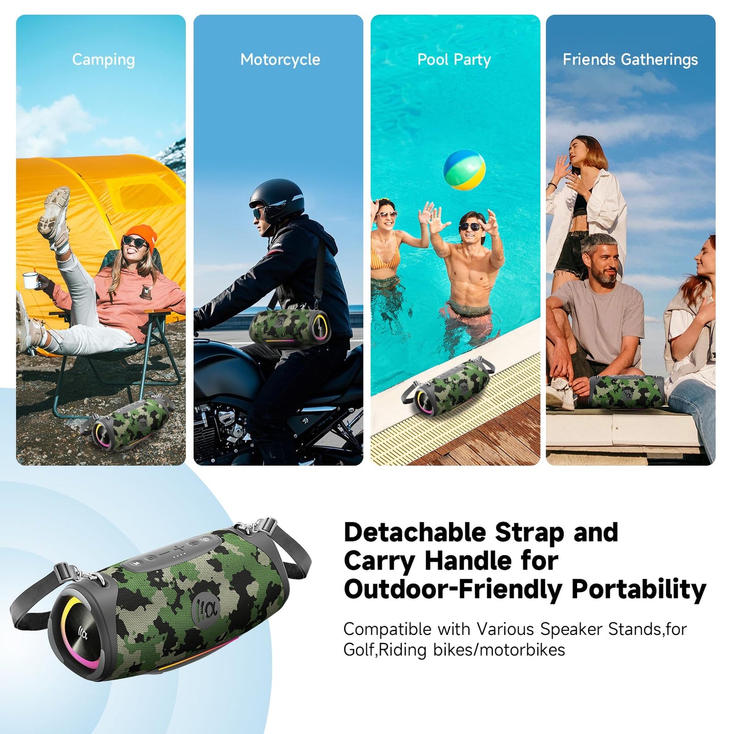 TAZATA Portable Bluetooth Speaker 80W RMS,120W Peak Loud Subwoofer Wireless Stereo with HD Sound,8H Playtime IPX7 Waterproof for Party cmaping Beach (CAMO-80W RMS/120W Peak)