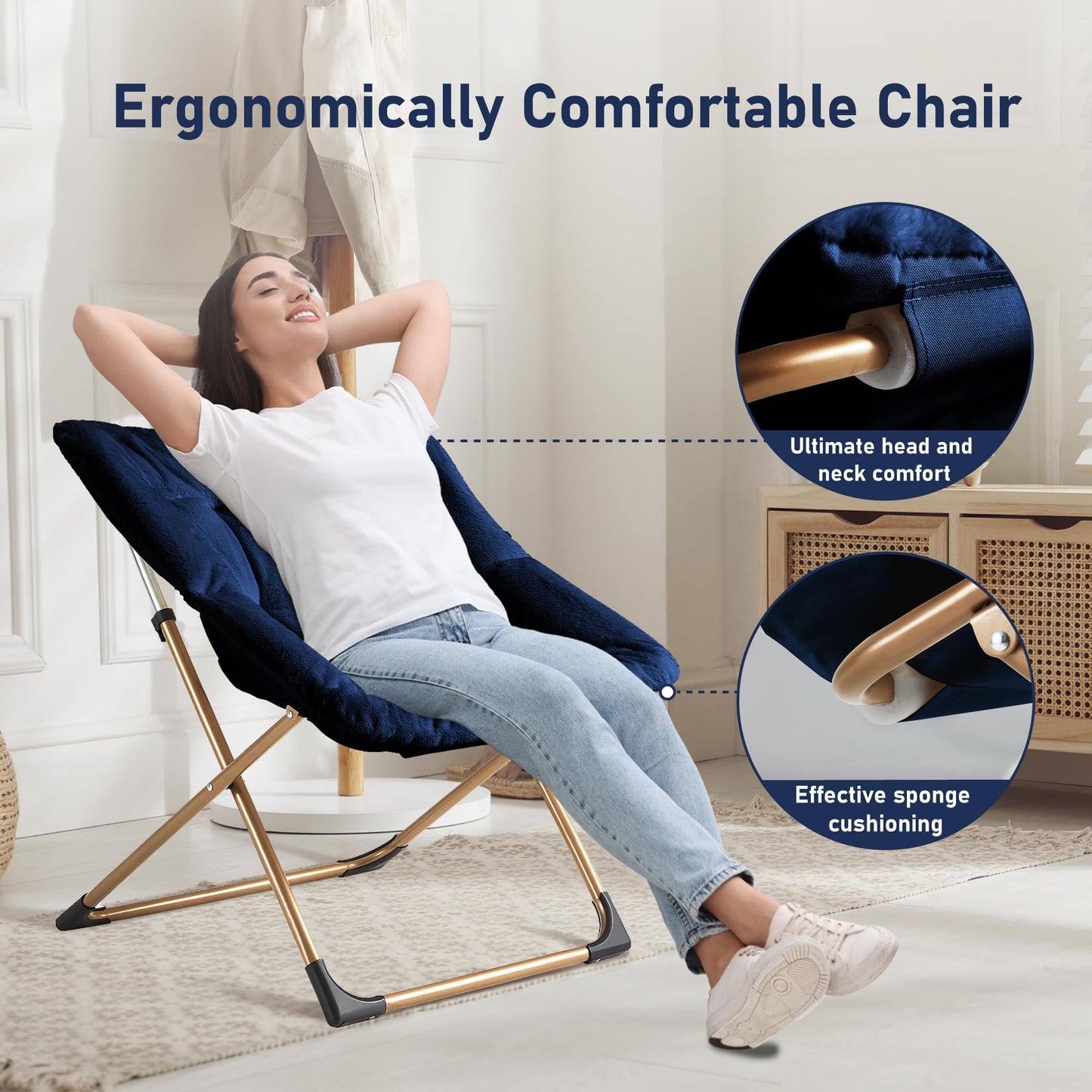 Youtanic Comfy Oversized Saucer Chair, Soft Faux Fur Reading Lounge Chair for Adults, Stable X-Large Metal Frame and Non-Slip Pad, Foldable Cozy Chairs for Bedroom, Living Room, Dorm, Office, Blue