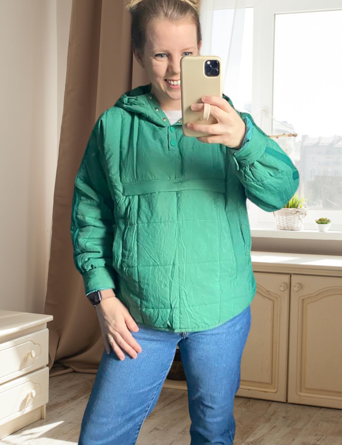 AICHARMWA Women's Pullover Puffer Jacket Hooded Oversized Lightweight Quilted Jacket Winter Warm Padded Coat(028-Green-XL)
