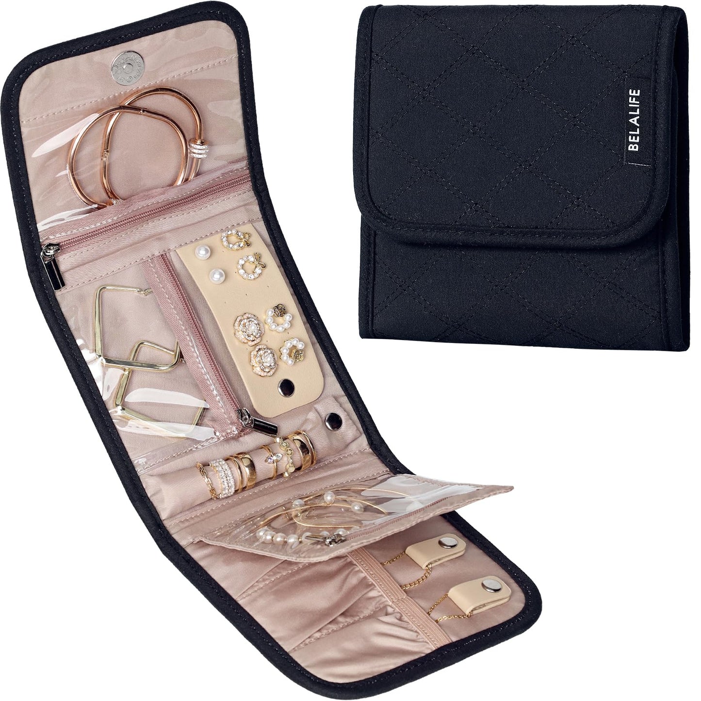 BELALIFE Travel Jewelry Case Organizer, Foldable Storage Roll for Earrings, Necklaces, Rings, Bracelets, Brooches, Pink