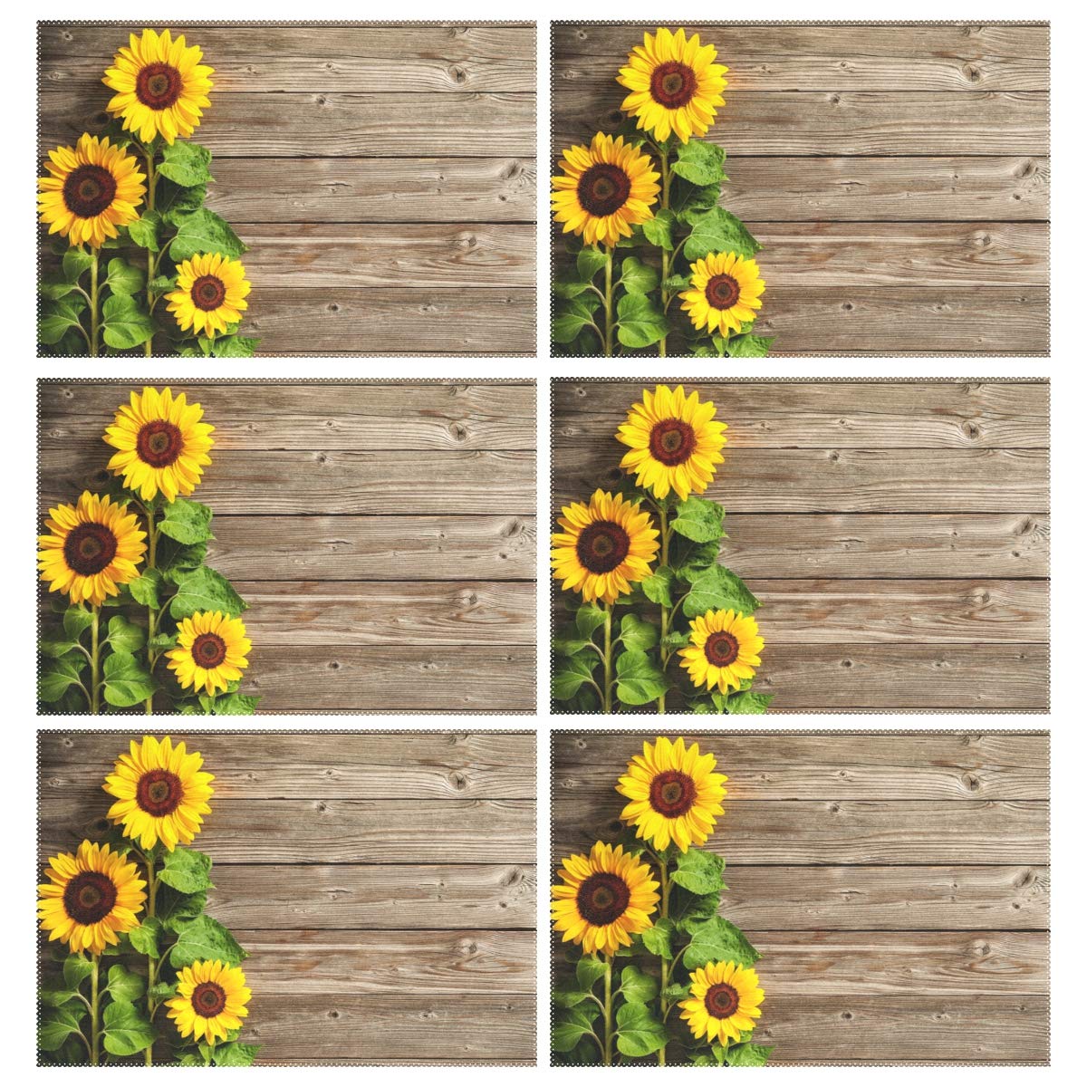 Wamika Beautiful Sunflowers Placemats Set of 6 Wood Board Florals Table Mats Spring Summer Autunm Place Mats for Kitchen Dining Decor Heat Resistant Non-Slip Washable 12 X 18 in