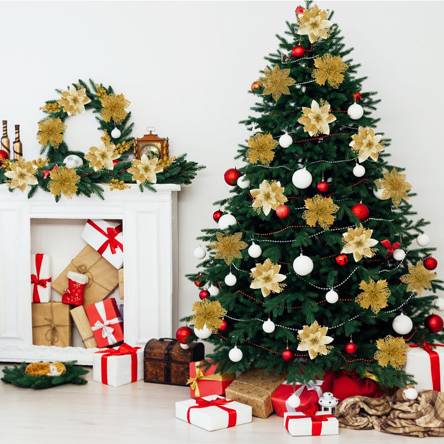 SJL 66 Pcs 3 Styles Christmas Glitter Poinsettia Flowers Artificial Berry Picks Christmas Tree Ornaments Artificial Christmas Flowers with Clips for Xmas Wedding Wreath Floral Decorations (Gold)