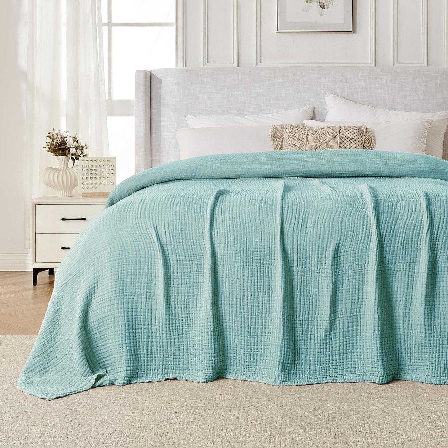 Joydeco 100% Cotton Muslin Throw Blanket for Couch Bed and Sofa, 4-Layer Lightweight and Breathable Soft Gauze Blanket for All Season, Luxury Throws Cotton Blanket Gift(Teal, 55"x75")