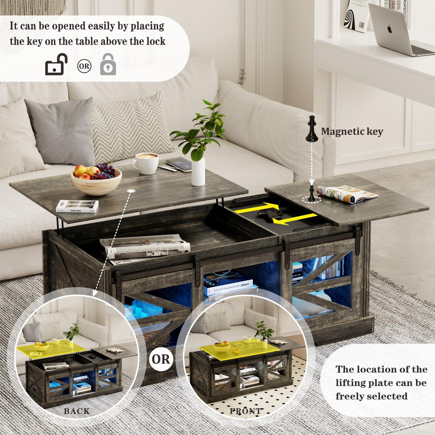 Lift Top Coffee Table with Gun Cabinet, 2 Sliding Barn Doors-Large Storage and 3 Color LED Lights fit Modern Rectangular Rustic Living Room Center Table（Dark Oak）