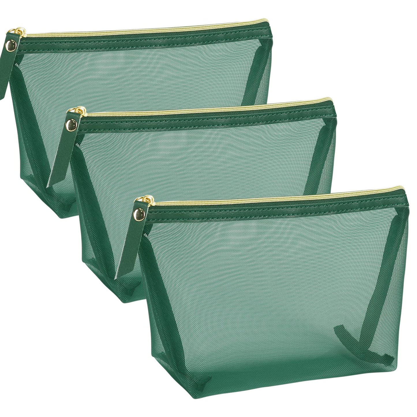 besharppin 3pcs Mesh Cosmetic Bags, Nylon Makeup Pouches with Leather Pull and Golden Zipper for Purse Diaper Bag (Emerald Green)