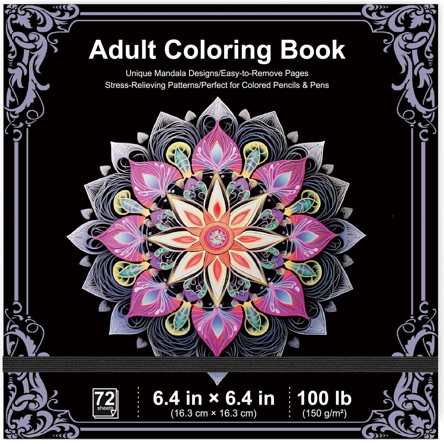 Adult Coloring Book, 72 Sheets Coloring Books for Adults Relaxation, 6.4 x 6.4 Inch, 110lb/150gsm Mandala Designs with Detachable Pages, Art Essentials for Calmness, Self-Reflection.