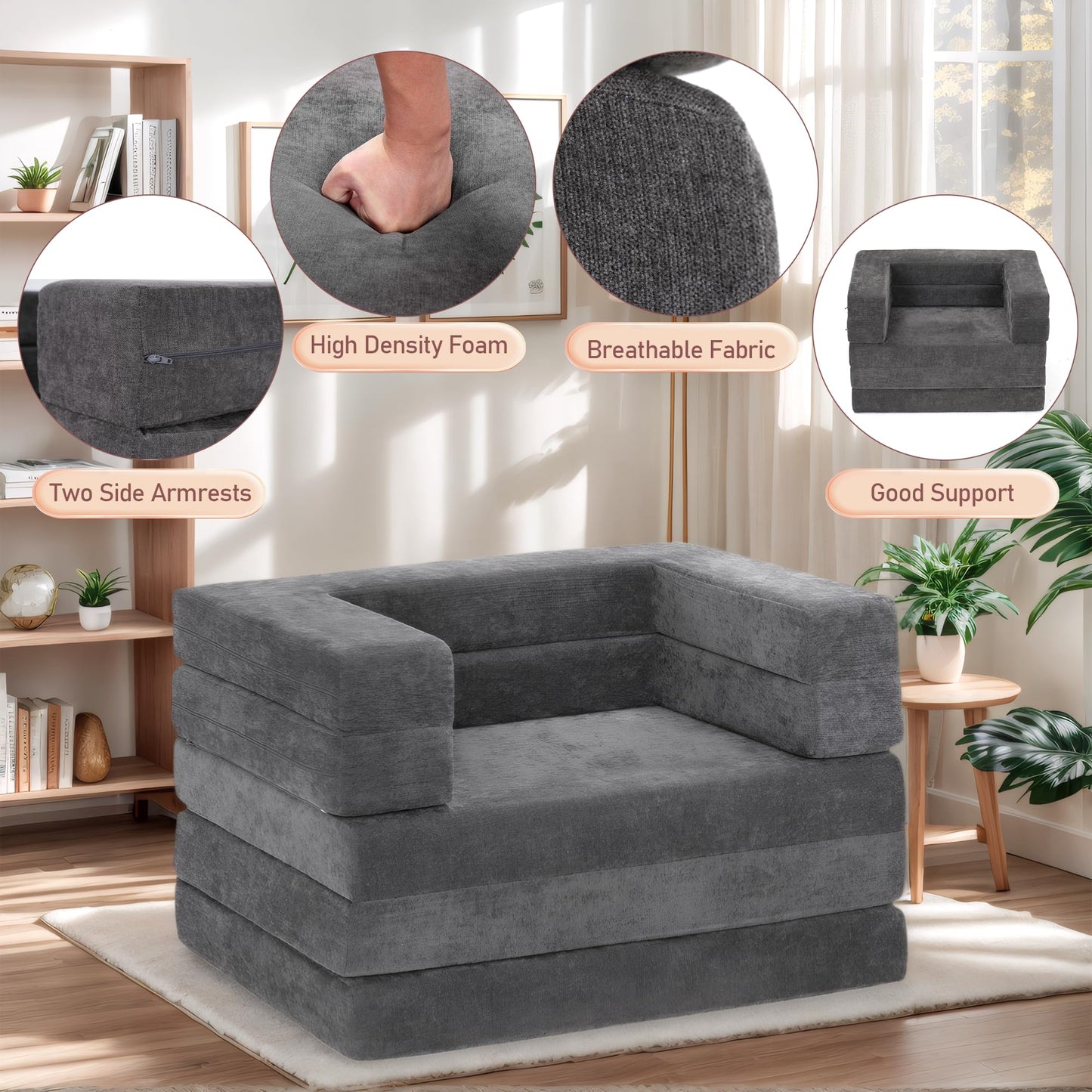 Decofy Folding Sofa Bed with Pillow and Armrest, Convertible Sleeper Sofa 3 in 1 Fold Out Chair Bed Futon Couch for Living Room, Dorm, Guest Room, Home, Office, Apartment