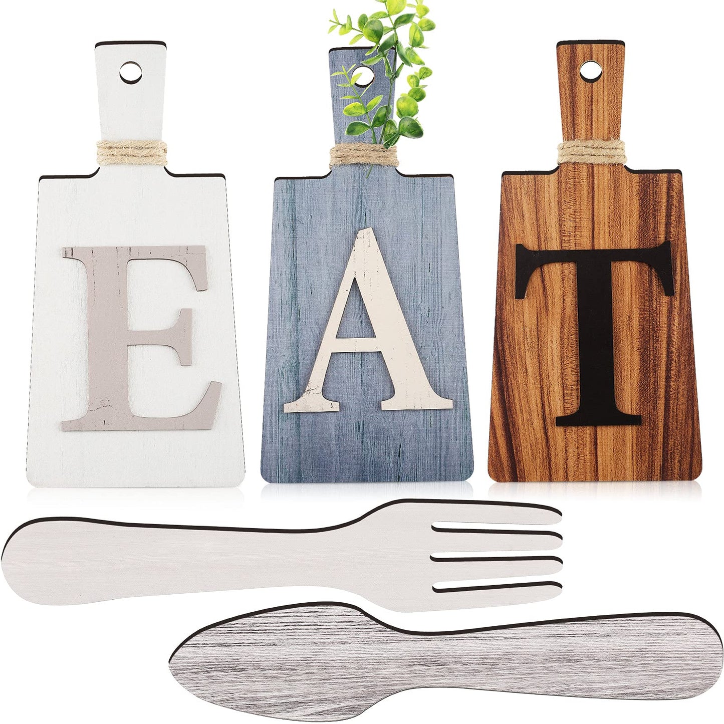 Jetec Cutting Board Eat Sign Set Hanging Art Kitchen Eat Sign Fork and Spoon Wall Decor Rustic Primitive Country Farmhouse Kitchen Decor for Home Decoration(Gray, White, Brown)