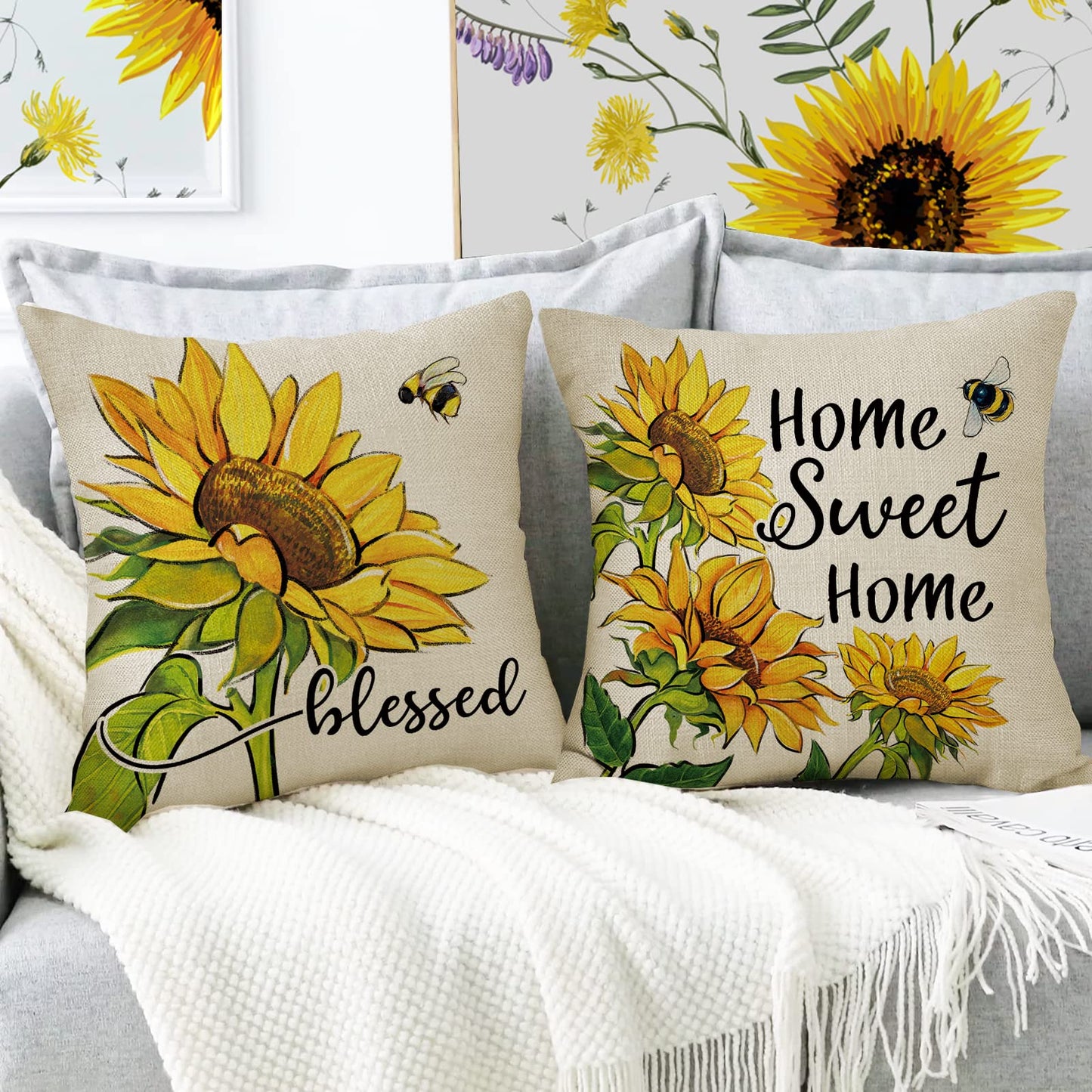 Fahrendom Sunflower Sunshine Decorative Throw Pillow Cover 18 x 18 Set of 4, Spring Summer Home Sweet Home Blessed Porch Patio Outdoor Pillowcase, Fall Autumn Flower Farmhouse Couch Cushion Case Decor