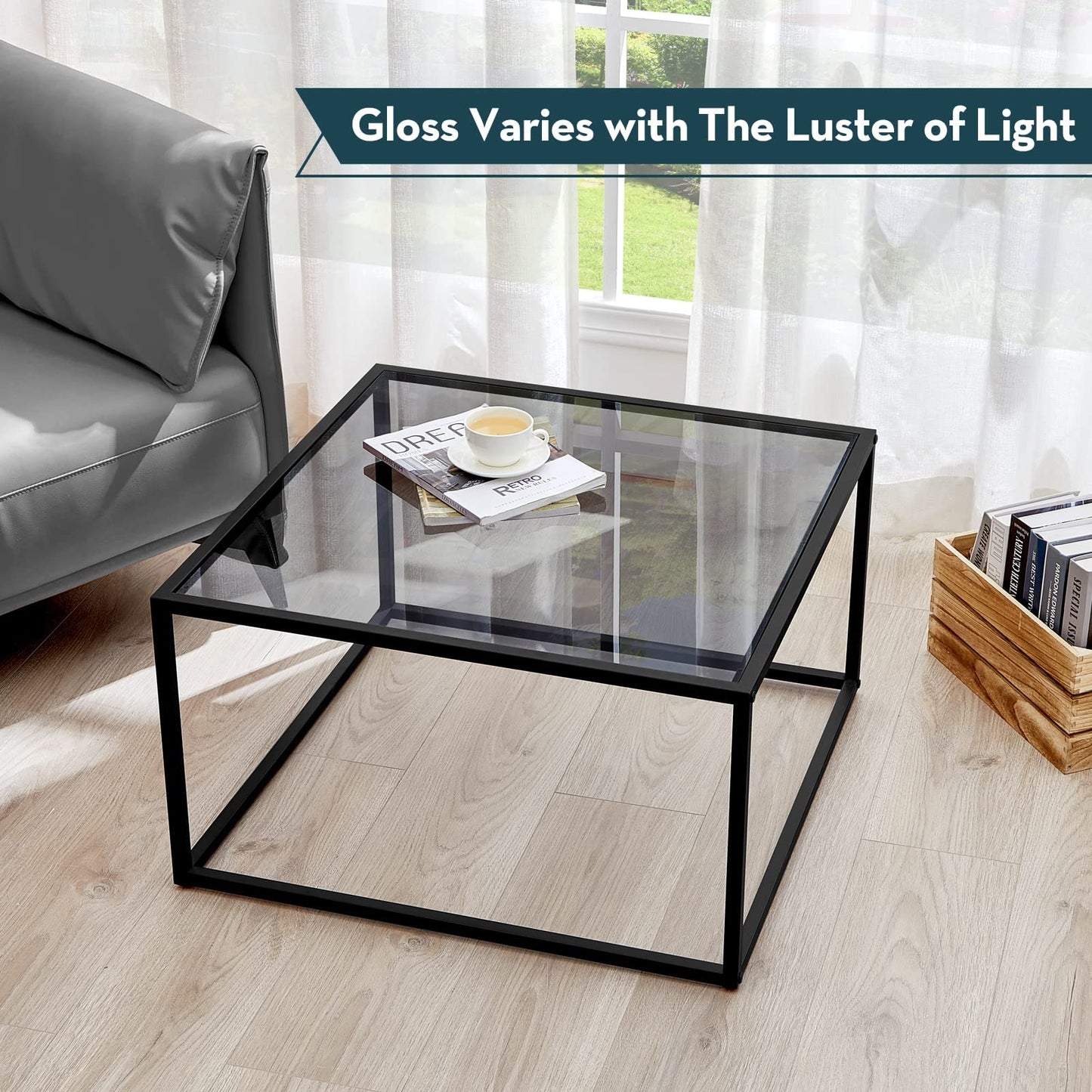 SAYGOER Glass Coffee Table, Small Modern Coffee Table Square Simple Center Tables for Living Room 26.7 x 26.7 x 17.7 Inches, Gray Black